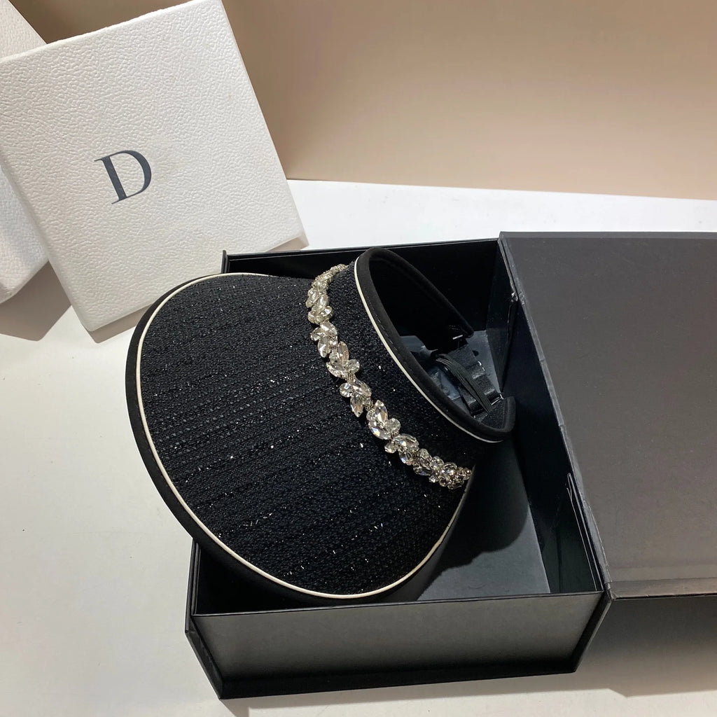 Luxury Rhinestone Empty Top Hats for Women Summer Sunshade Sun Hat Large Brim Travel Beach Sunscreen Panama Cap