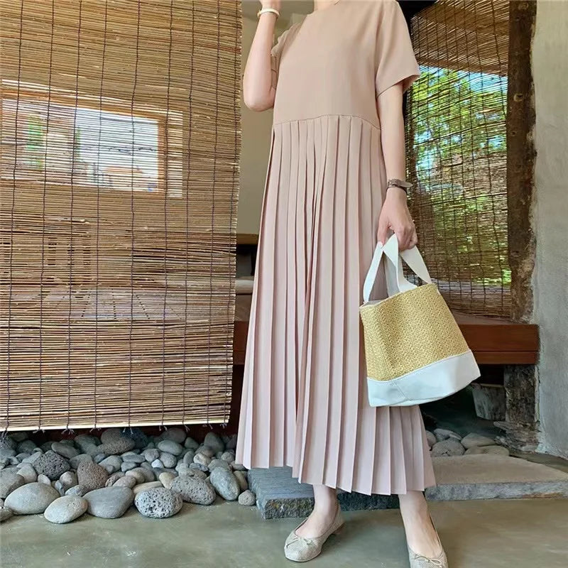 Summer 2024 Korean Sle Loose Slimming ort Sve Chiffon Pleated Long Dr Women's Casual Knee-Over Maxi Dr