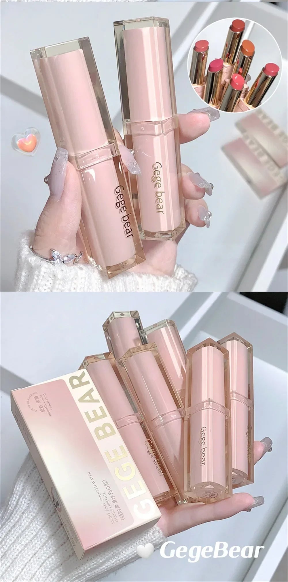 6 Colors Silky Glossy Lipstick Gege Bear Pump Lips Moisture Water  Comfortable Ultra Sheen Non-Stick Cup Lip Balm