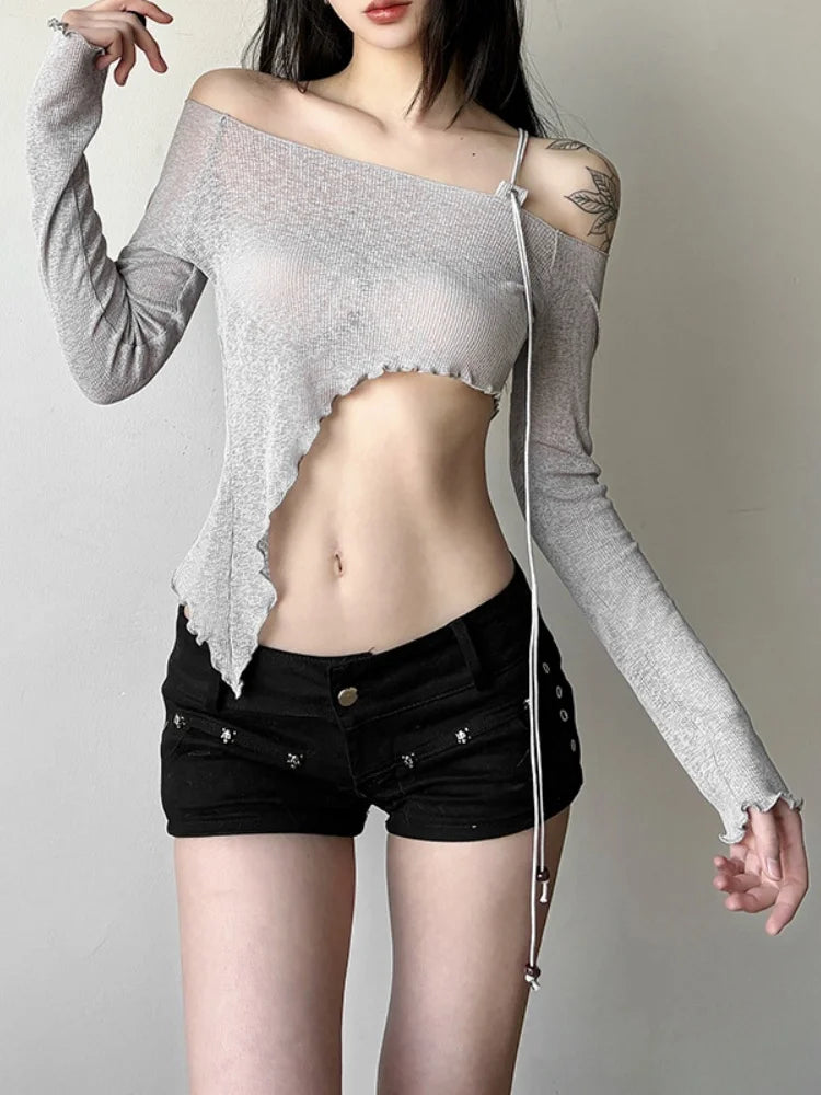 Asymmetrical T Shirts For Women Y2k Clothes Off Shoulder Sexy Streetwear Long Sleeve Crop Top Lace-up Camisetas Ropa De Mujer