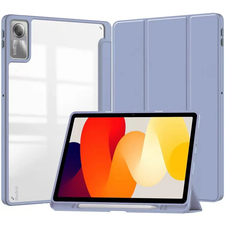 Tri-Folding Flip Tablet Cover For Xiaomi Redmi Pad SE 11 inch 2023 Acylic Transparent Back Case Pencil Holder Auto Sleep/Wake