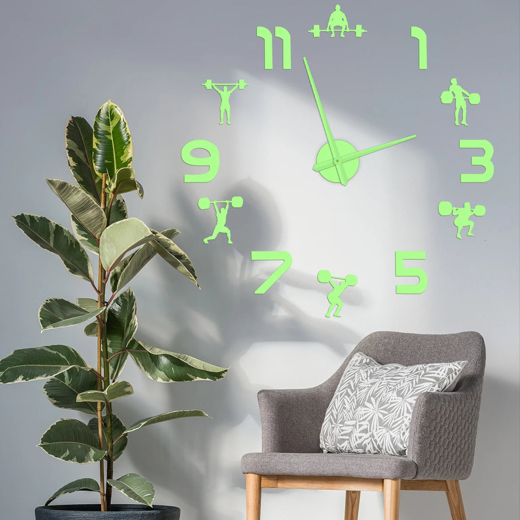 Weightlifting Fitness Room Wall Decor DIY Giant Wall Clock Mirror Effect Powerlifting Frameless Large Wall Clock GYM Wall Watch
