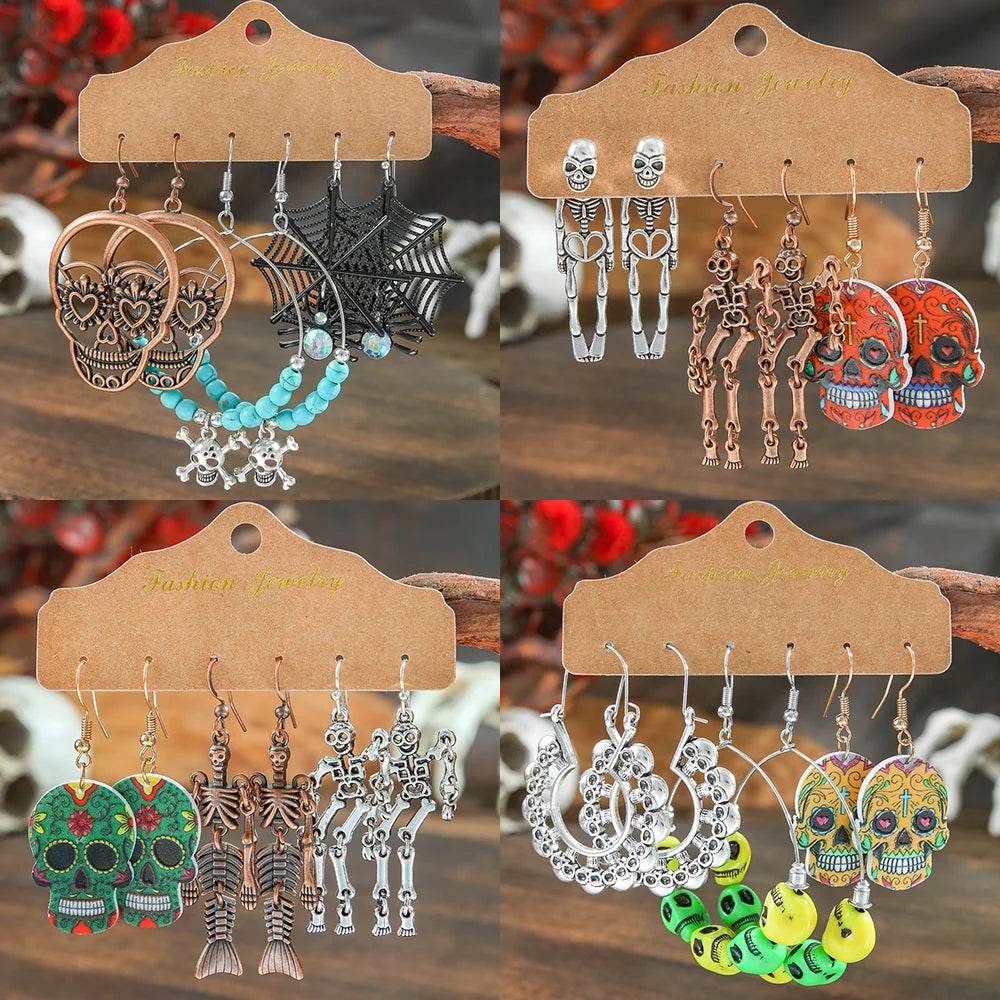 Halloween Dangle Earrings Set Creepy skull Face Mask Cobweb Imitation of Human Skeleton Creative Ear Jewelry Versatile Gifts