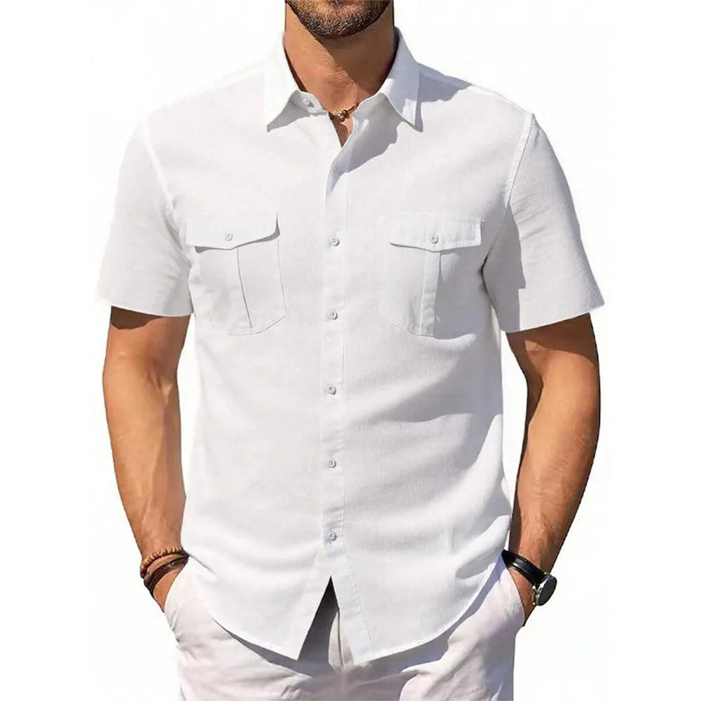 Men's Double Pocket Short Sleeve Shirt Cotton Linen Casual Vacation Beach Shirt Lightweight Streetwear Solid Color Slim Fit Tops