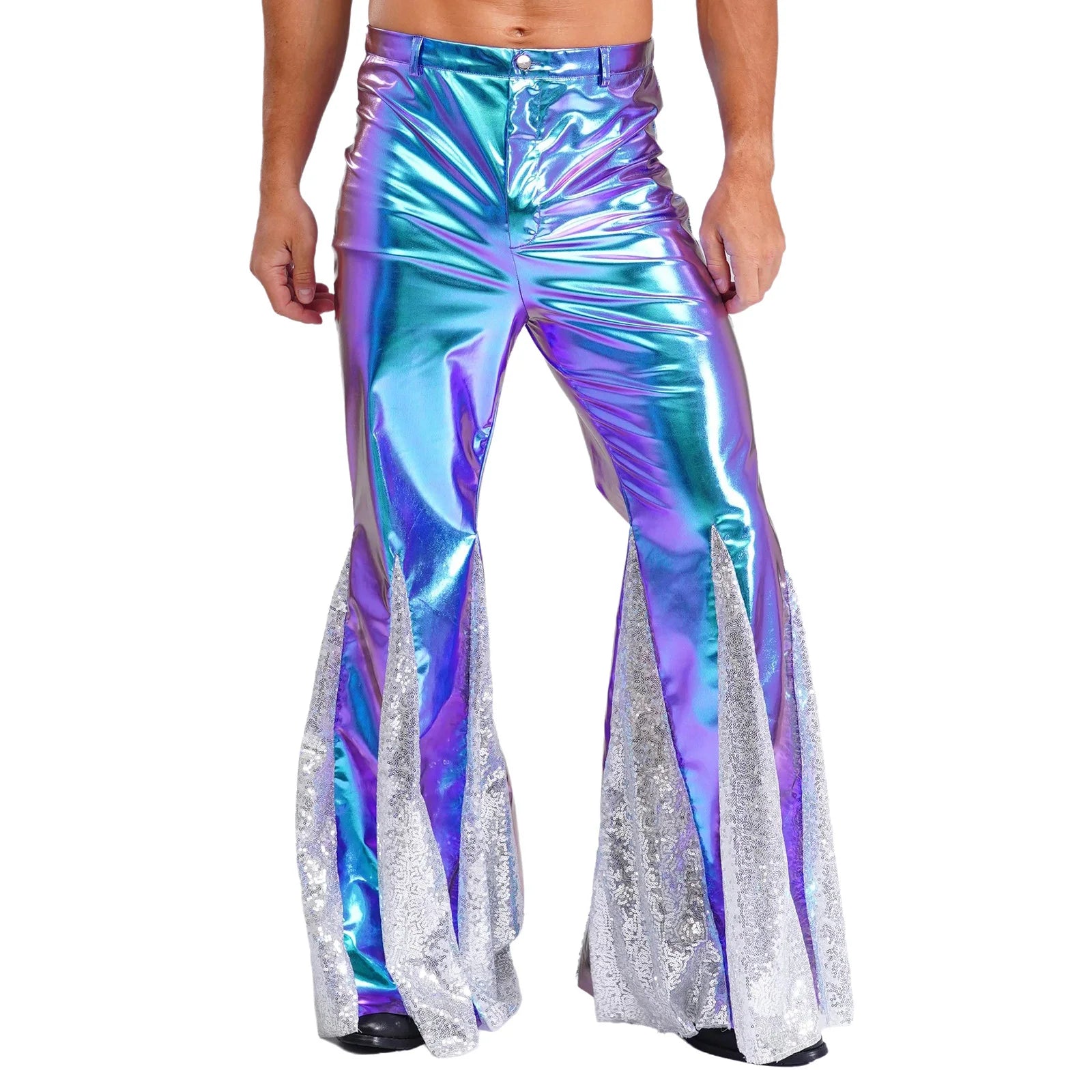 Mens Shiny Metallic 70s Disco Pants Hippie Vintage Costume Dance Party Sequins Bell Bottoms Stage Performance Flared Pants