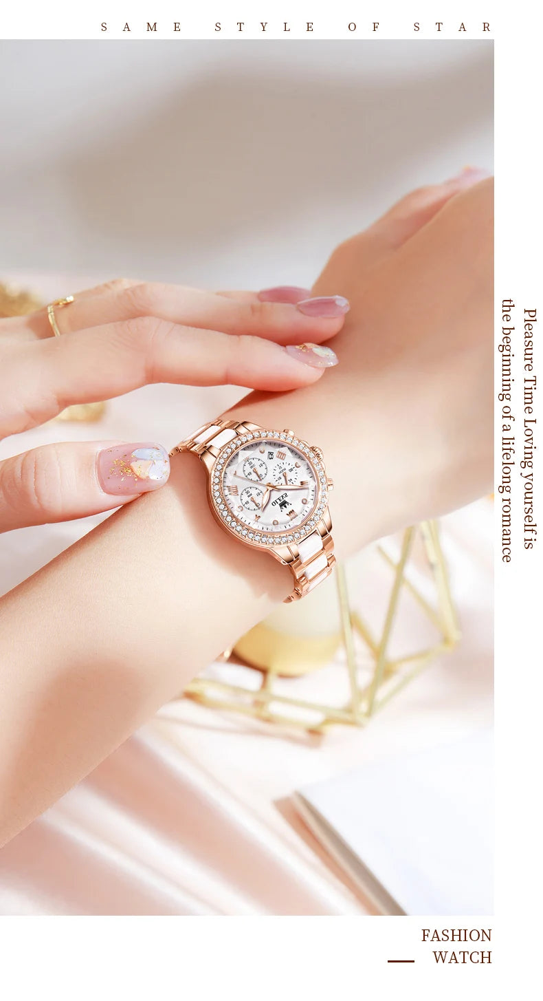 OLEVS Diamond Quartz Watch for Women Luxury Elegant Ceramics Strap Rhombic Mirror Ladies Wristwatch Waterproof Chronograph Clock
