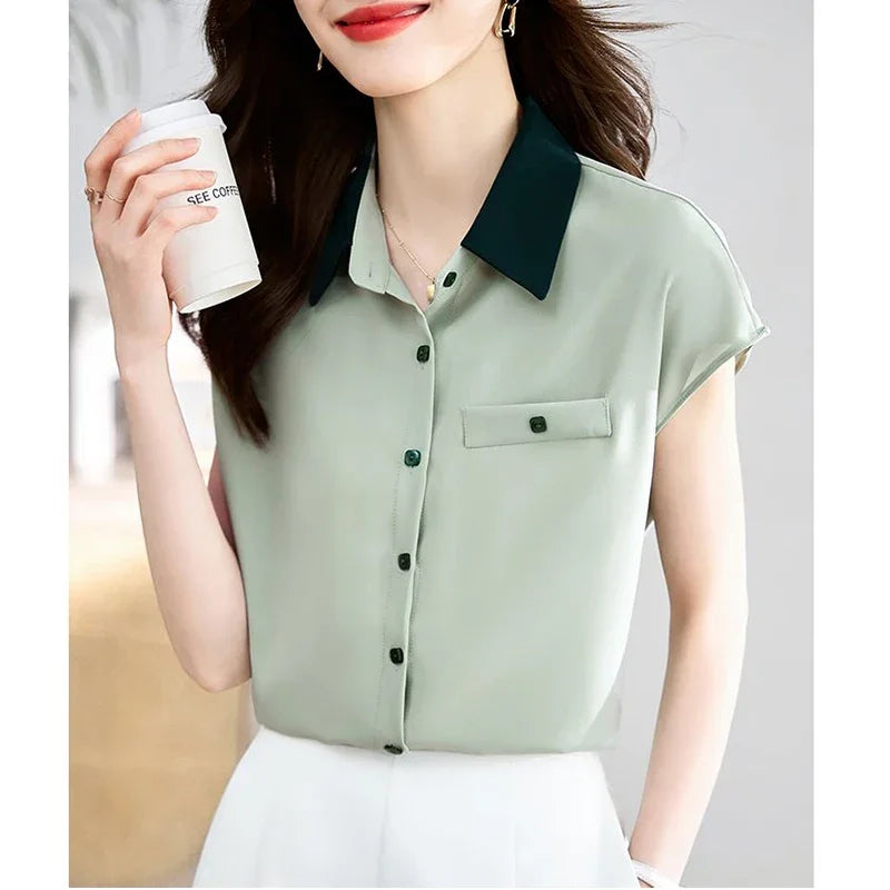Elegant Lapel Button Spliced All-match Shirt Women's Clothing 2025 Summer New Loose Casual Tops Short Sleeve Office Lady Blouse