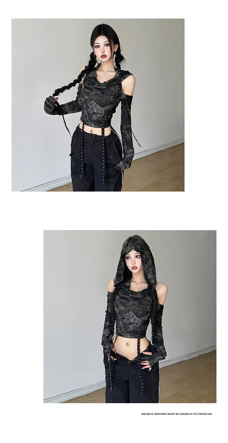 T-shirts Women Hooded Spring Long Sleeves Distressed American Retro Creativity Solid Streetwear Fashion Slim Backless Cut Out