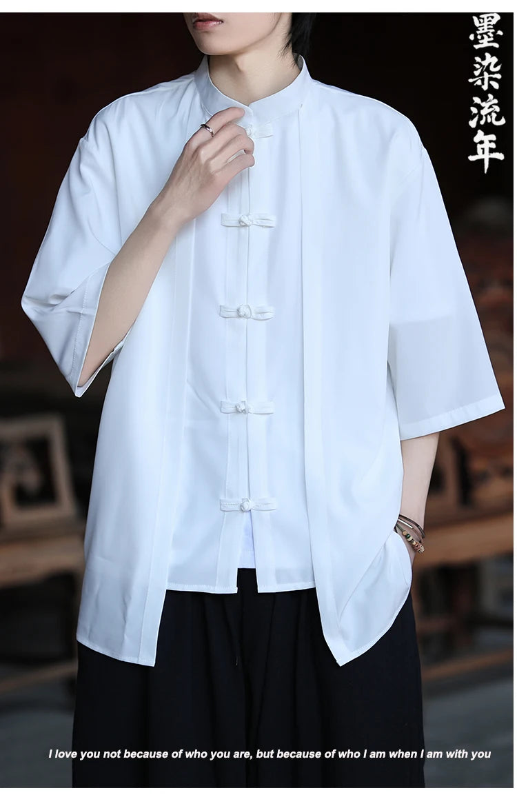 Chinese Shirt Men Ice Silk Chinese Style Comfortable Breathable Retro Shirt  Men Casual Summer Loose Fit Fashion Solid Color Top