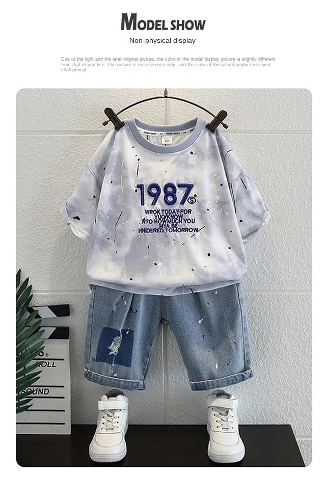 Summer Clothes Junior Boys Outfit Set Kids Outdoor Clothes for Children Letter Short Sleeve T-shirts + Denim Shorts 2 Piece Set