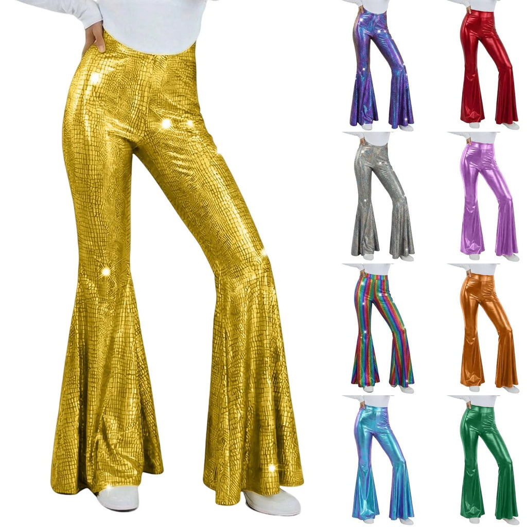 Women's Sequin Flared Pants High Waist Shiny Disco Party Trousers Loose Fit Dance Club Stretchy Bell Bottom Wide Leg Trousers