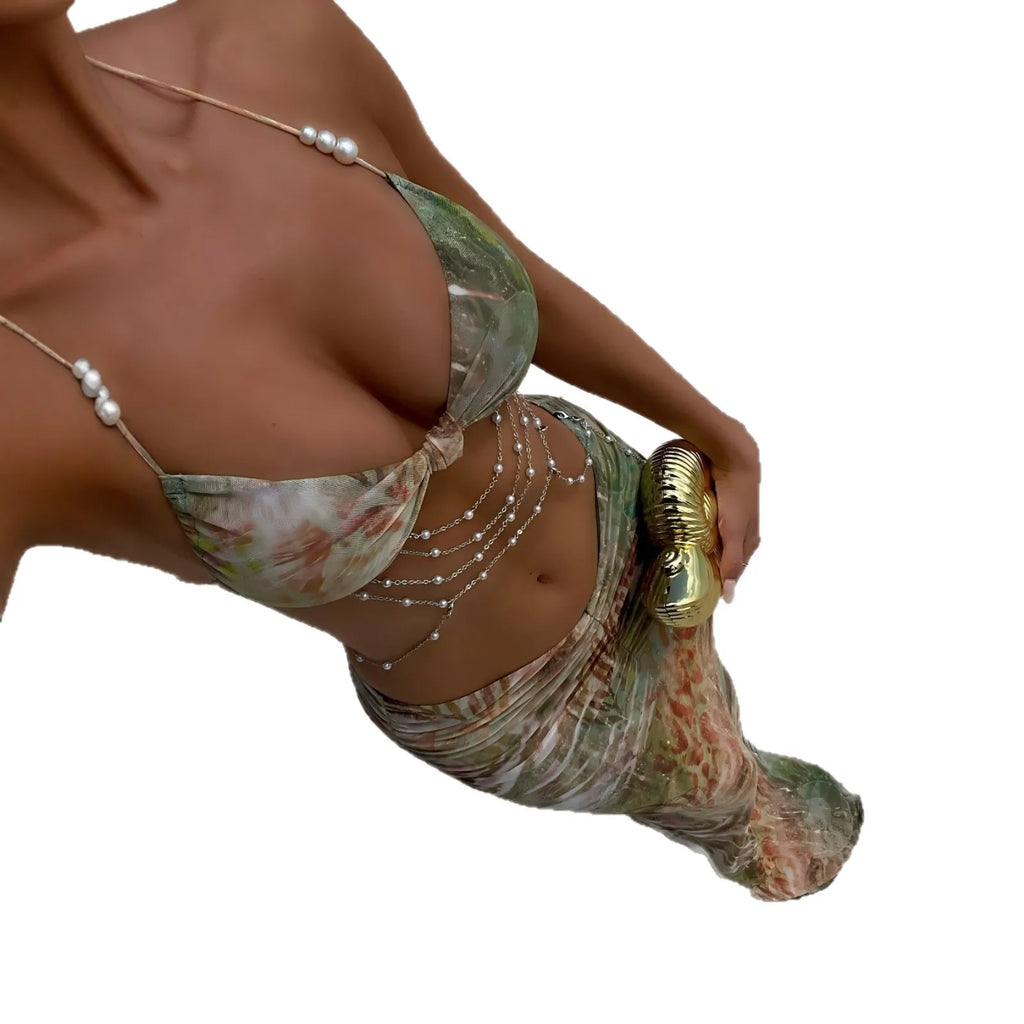 Vacation Beach Solid Color Sexy Bikini Top Top Hip-covering Long Skirt Three-piece Set