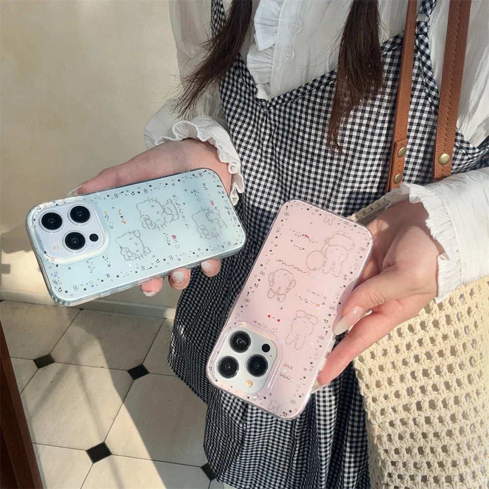 Luxury Glitter Pink Case For iPhone 13 12 11 14 15 16 Pro Max 16 Plus Cartoon Bling Transparent Shockproof Hard PC Bumper Cover