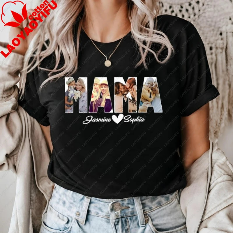 With Kids Name Custom Photo Mama Shirt Personalized Mothers Day Gift Best Mom Ever Birthday Fashion Casual Printed T-shirt Tops