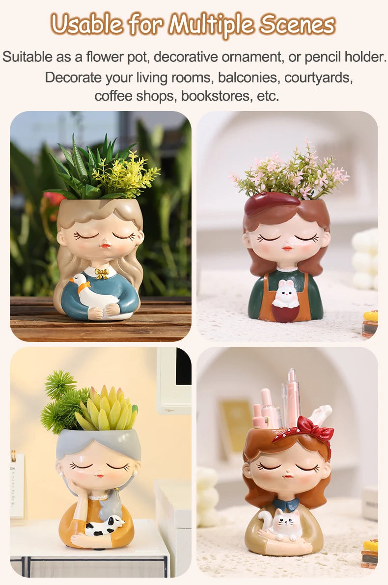Cute Girl Flower Pot for Succulents, Decorative Planters Girls Portrait Garden Pots for Home Decor Desktop Ornament