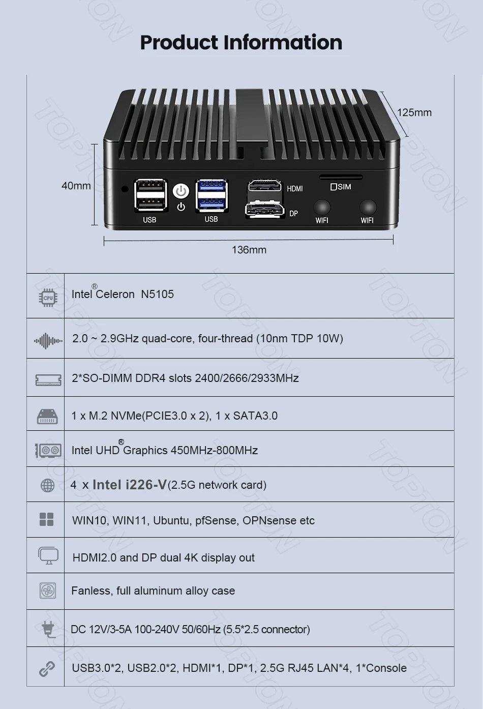 Topton pfSense Firewall Soft Router J6412 N150 N100 4x i226-V 2.5G LAN NVMe Barebone Fanless Mini PC HDMI2.0 DP AES-NI OPNsense