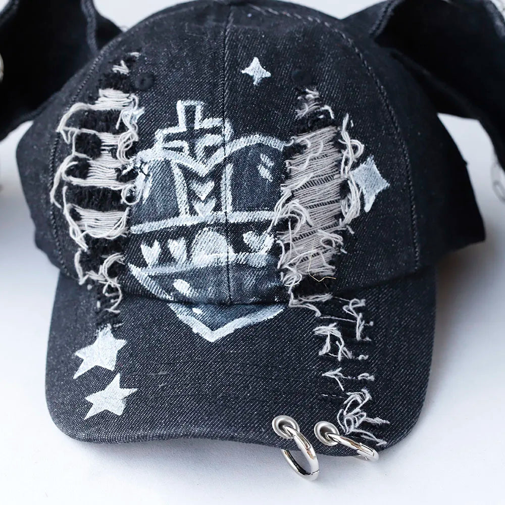 Designer Graffiti Devil Ears Denim Baseball Caps Men Women Autumn Personality Versatile Retro Ripped Style Hip Hop Men's Hat