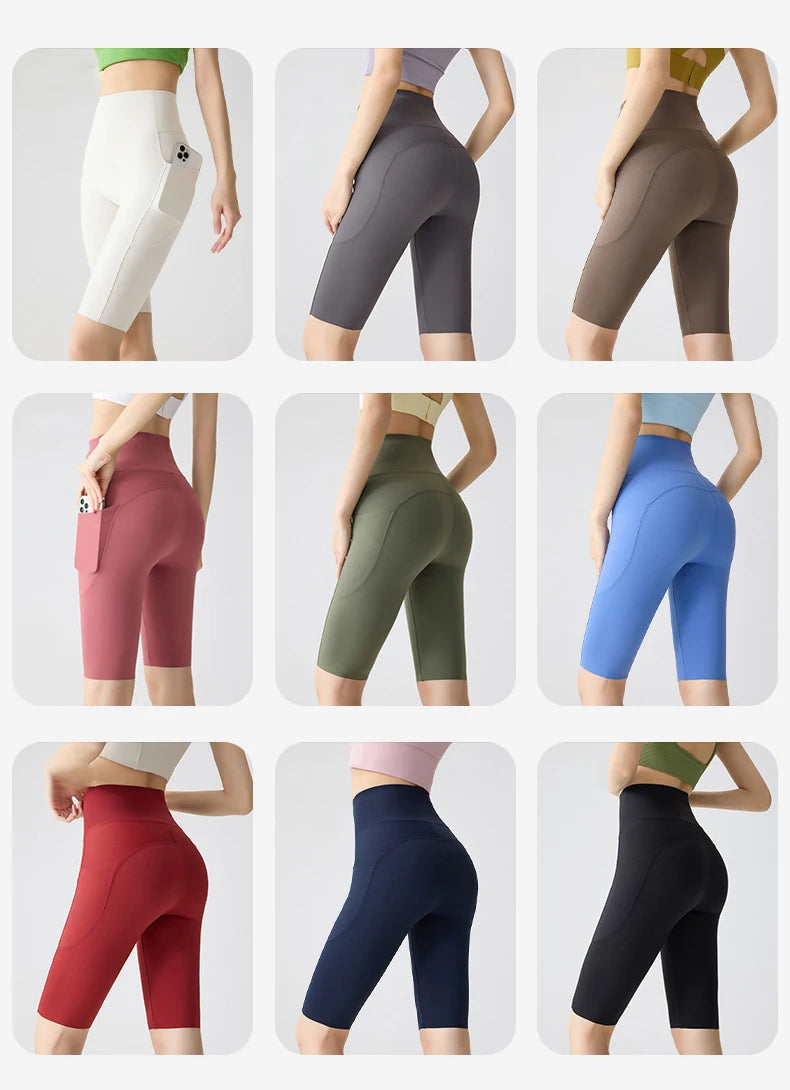 BIVIGAOS Summer Pocket Yoga Sharkskin Bicycle Shorts Women Thin High Waist Push Up Naked Feeling Sports  Fitness Cycling Shorts