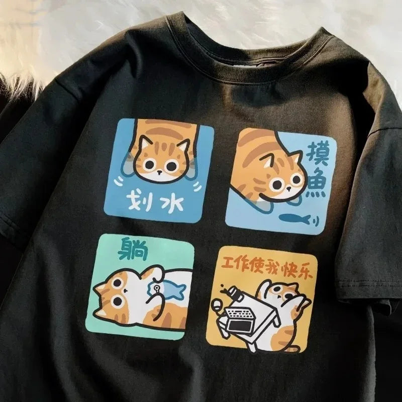 Cartoon Cute Cat and Dog Pattern Fun WomanT-Shirt Street Comfortable Soft Tops Creative Fashion Women's T-Shirt Clothing Y2K Top