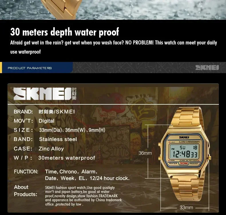 Skmei Fashion Men Stainless Steel Strap LED Display 3Bar Waterproof Digital Watch Reloj Hombre For Casual 1123 Sport Watches