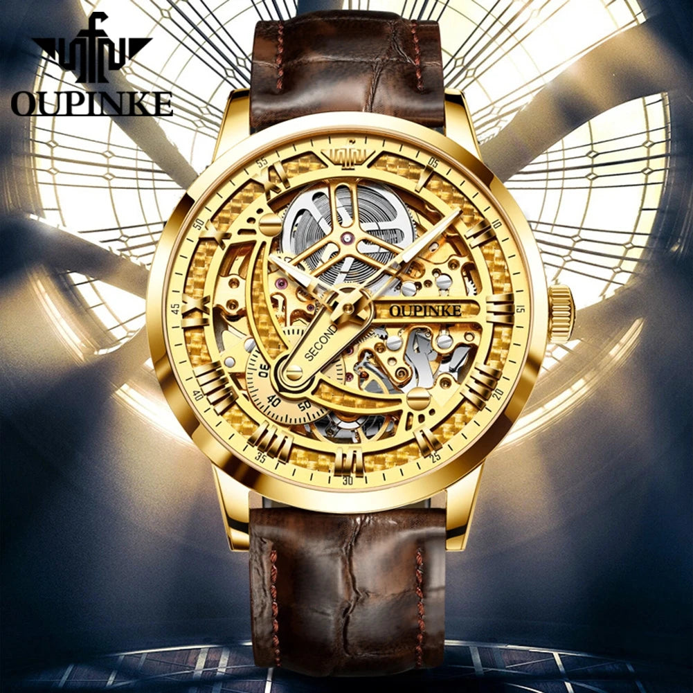 OUPINKE 3173 Skeleton Automatic Mechanical Watch Luxury Brand 50M Waterproof Watch Leather Strap Mens Watch Box Gifts Reloj