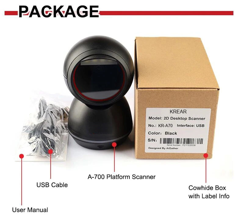 New Arrial Foldable Omnidirectional Desktop 2D Barcode Scanner Automatic Wired USB Platform Bar Code Reader for Supermarket