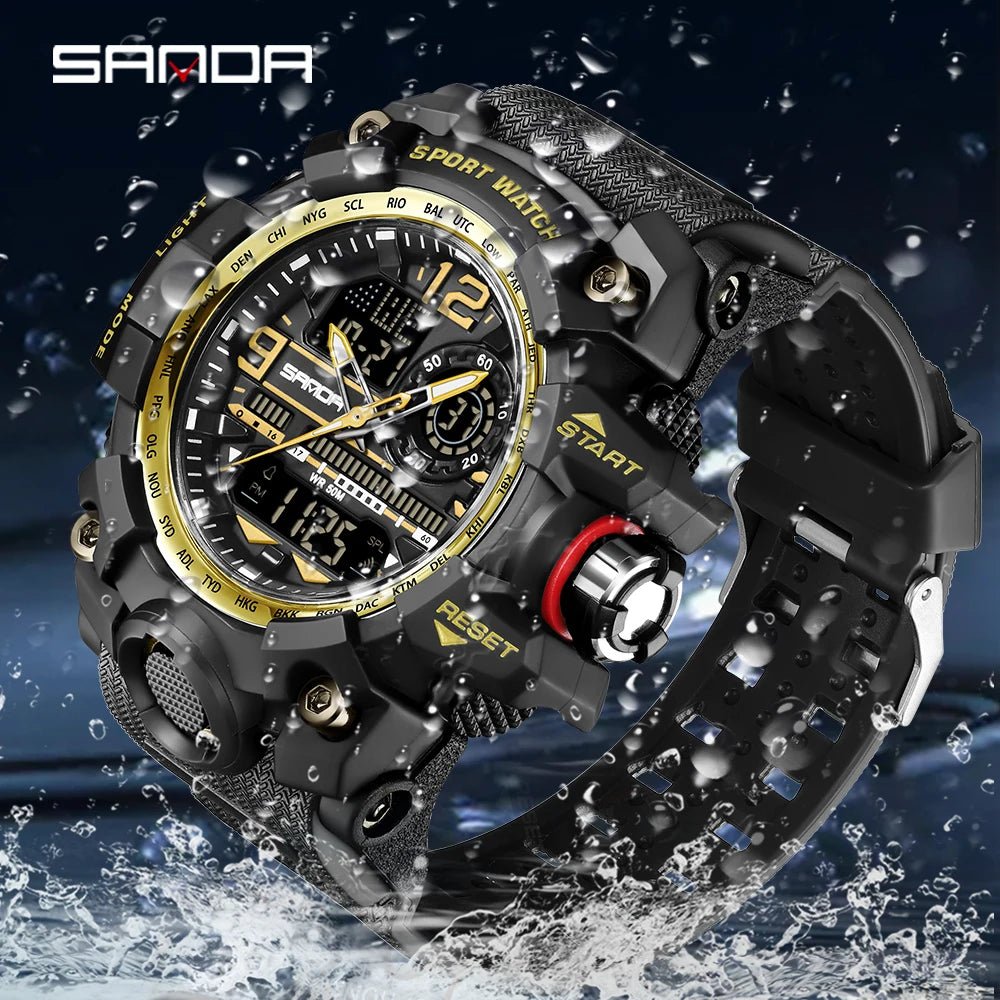 SANDA 3133 Digital Watch Men Military Sport Stopwatch Quartz Wristwatch Top Brand Luxury LED Waterproof Male Electronic Clock