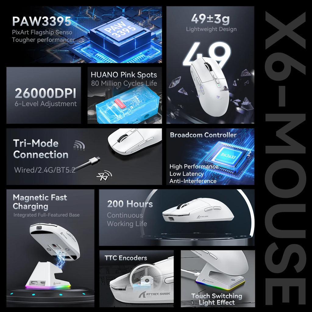 Attack Shark X6 Wireless Gaming Mouse Bluetooth Tri-Mode Connection,RGB Touch Magnetic Charging Base PAW3395 Macro Gaming Mouse