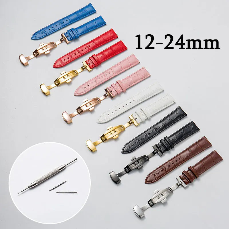 Calfskin Leather WatchBand 12mm 13mm 14mm 15mm 16mm 17mm 18mm 19mm 20mm 21mm 22mm 23mm 24mm Wrist Strap Butterfly Buckle Band