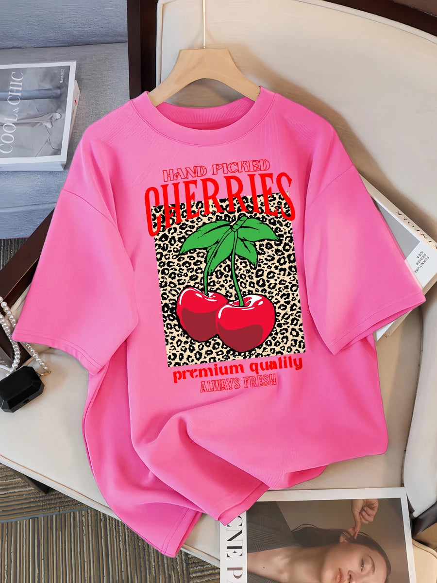 Hand Picked Cherries Always Fresh Printing T-Shirt Women Cotton Crewneck T Shirts Summer Loose Clothes Multicolor Short Sleeve