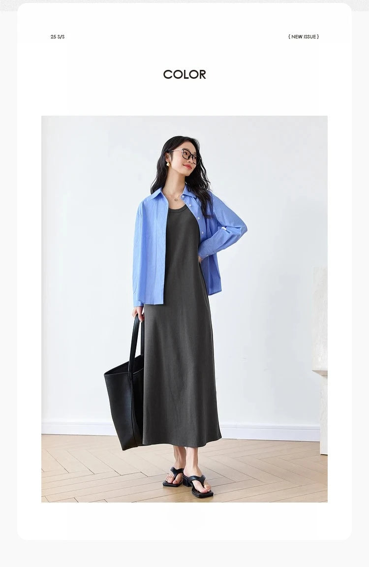 VIMLY Summer Tank Dresses 2026 Woman Simple Gray Cotton Blend Knitted Loose Sleeveless A Line Long Dress Women's Clothing M9852