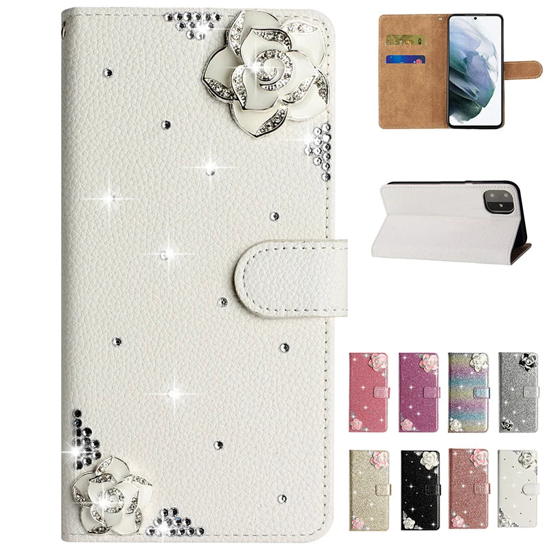 Flash Drill Small Flower Wallet Luxury Glitter Case For iPhone 17 ProMax Air 16 E Pro 15 14 Plus 13 12 Mini 11 Pro Max Cover