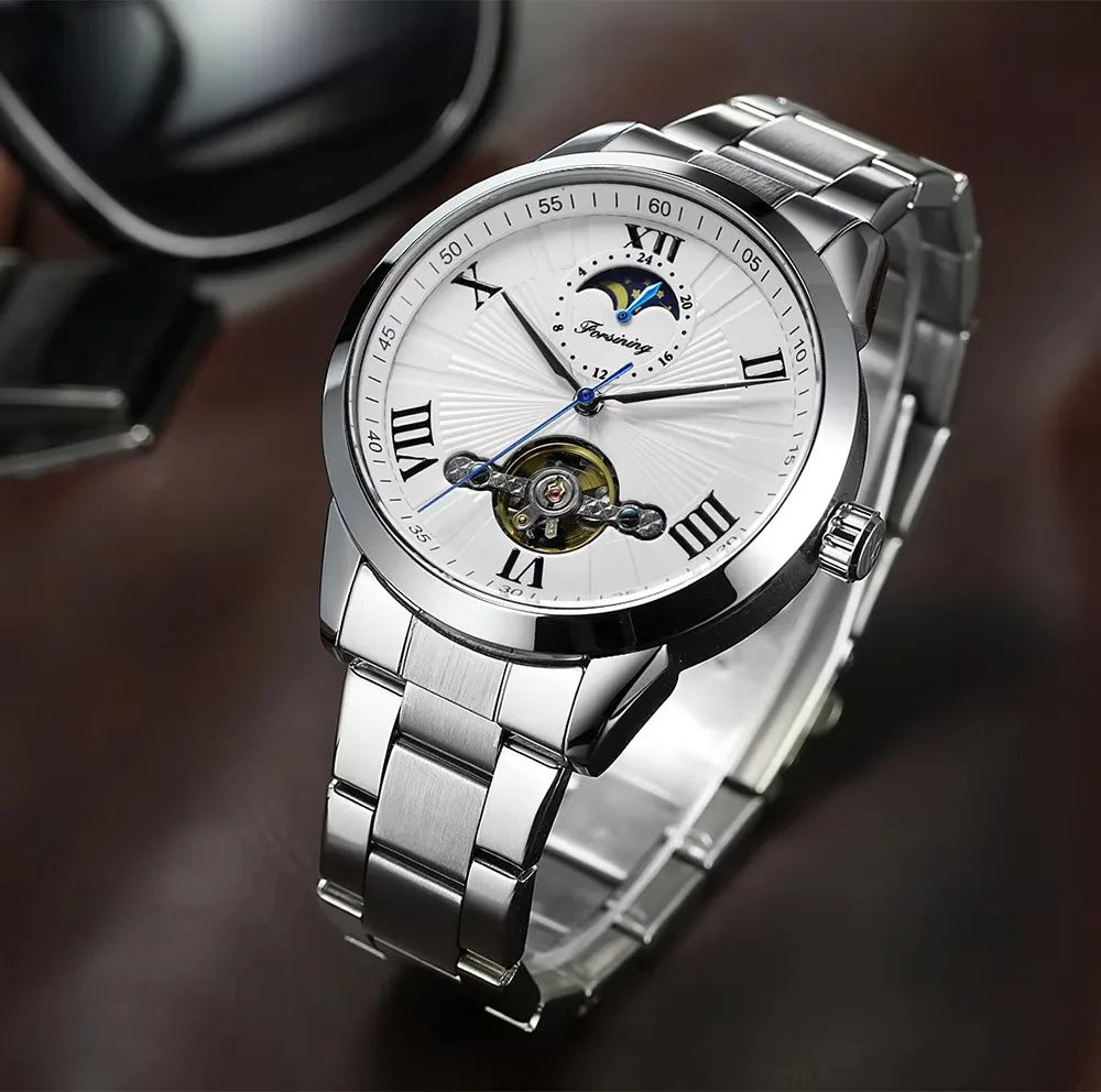 Forsining Men's Automatic Tourbillon Moon Phase Mechanical Watch Stainless Steel 3ATM Waterproof Luxury Design Business Style