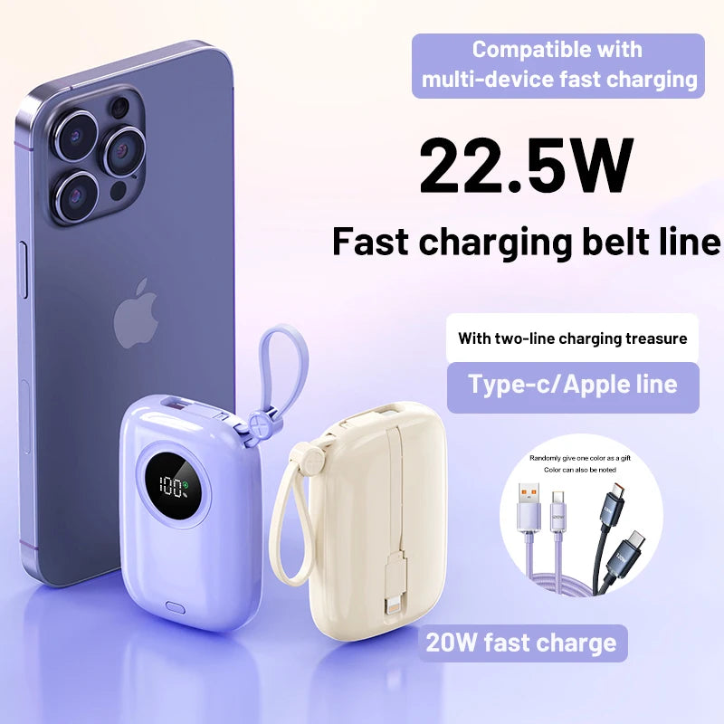PD22.5W power bank, bidirectional fast charging with 10000mAh cable, large capacity mobile power bank mini ultra-thin power bank