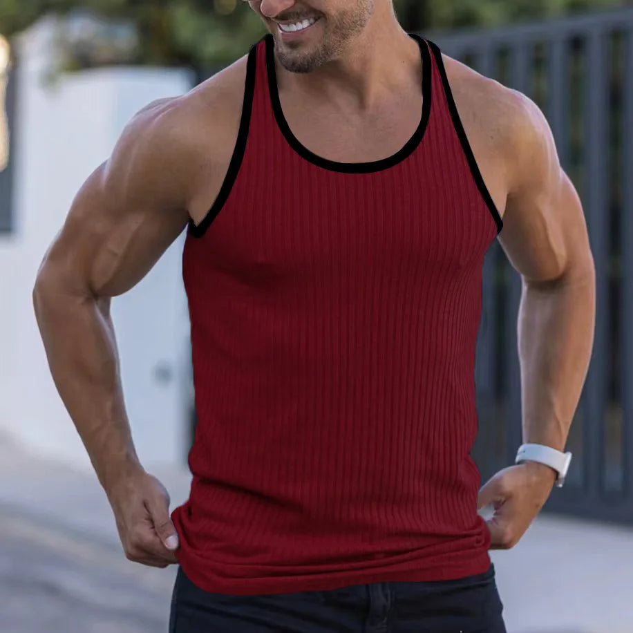 Summer Knitted Vertical Stripe Fitness Slim Vest for Men, Color-blocked Tank Top
