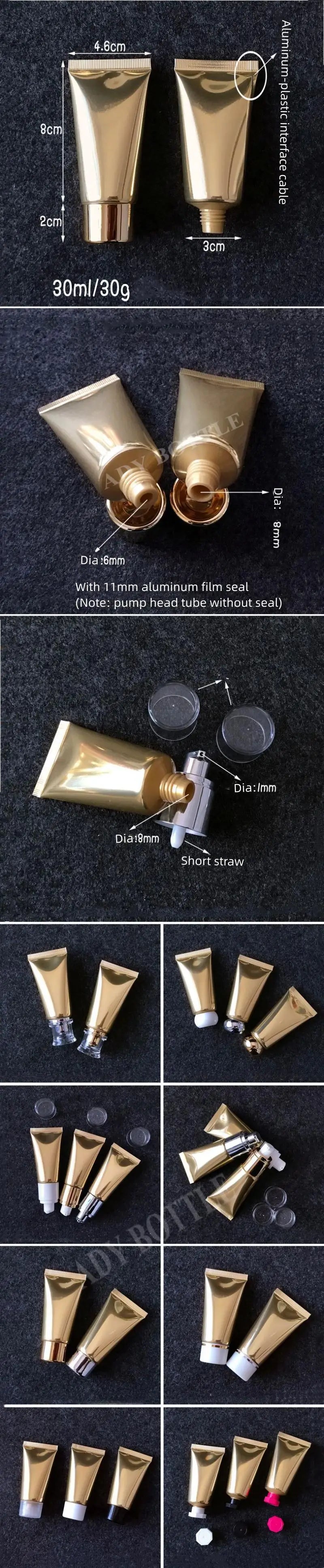 Wholesale New 30ml cosmetic Soft Tubes Vacuum pump squeeze Hose Bottles Gold Alum Eye Cream Bottles sunscreen Refilable Bottles