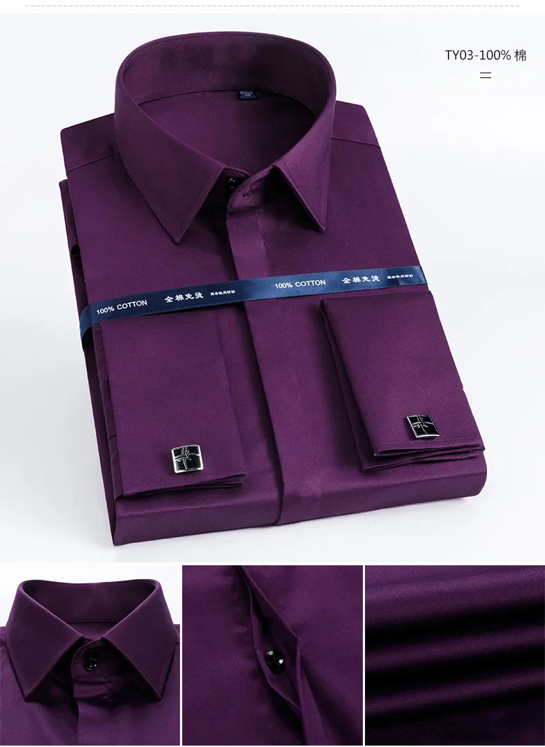 2026 Iron Free French Cufflink Long Sleeves Slim Fit 100% Cotton  Men's Concealed Buttons Solid Color High-end Wedding Dress