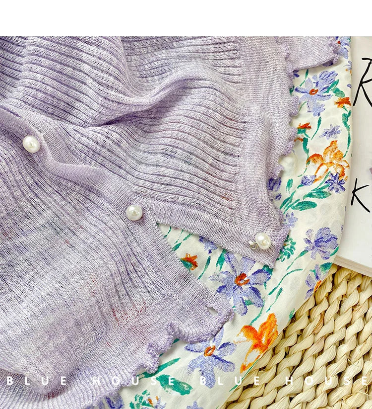 2026 Spring Summer Gentle Ruffle Trim Long Sleeve Ice Silk Sunscreen Knitted Cardigan Women Short Pearl Button Thin Casual Coat