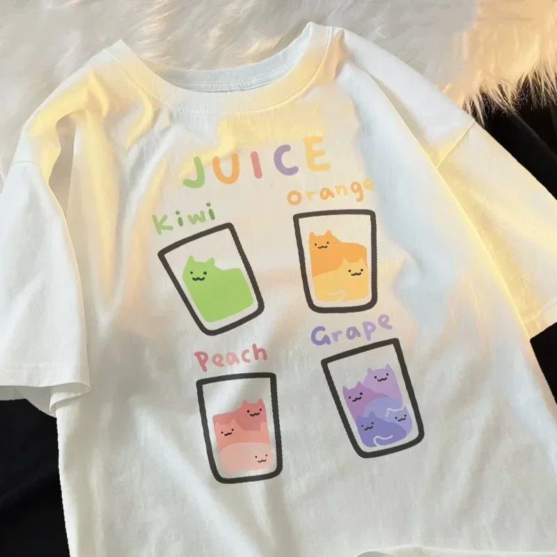 Cartoon Cute Cat and Dog Pattern Fun WomanT-Shirt Street Comfortable Soft Tops Creative Fashion Women's T-Shirt Clothing Y2K Top