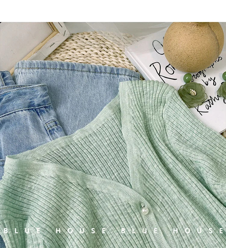 Women 2026 Spring Summer Short Pearl Button Thin Casual Coat Gentle Ruffle Trim Long Sleeve Ice Silk Sunscreen Knitted Cardigan