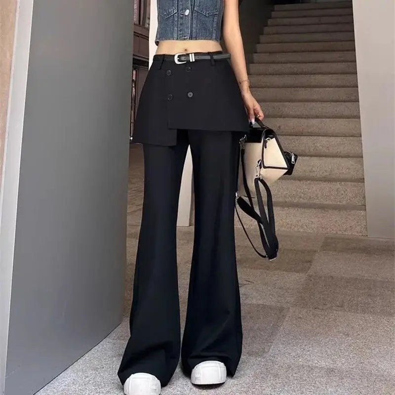 Korean Women's Apron Pants Short Skirt Patchwork Fashion High Street Fake Two Pants Solid Color High Waist Flared Pants 937P