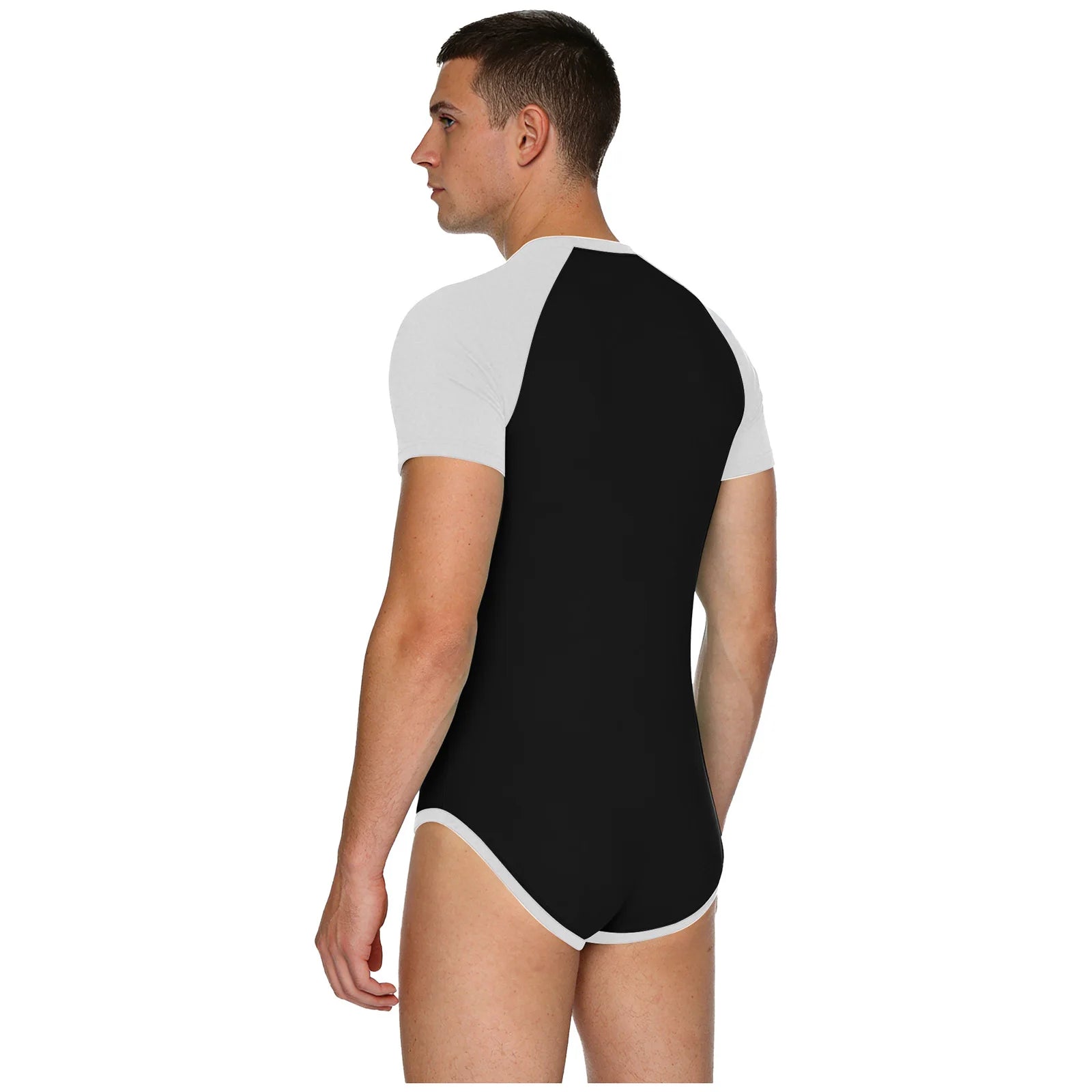 Men Workout Fitness Gym Sport Bodysuit Short Sleeve Openable Crotch Patchwork Jumpsuit for Workout Gym Sports Swimming Outfits