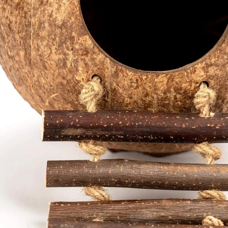 Coconut Birdhouse Hut With Ladder Hemp Rope Roof Natural Material Firm Stable Small Animal Cage Habitat Decoration Pet Supplies