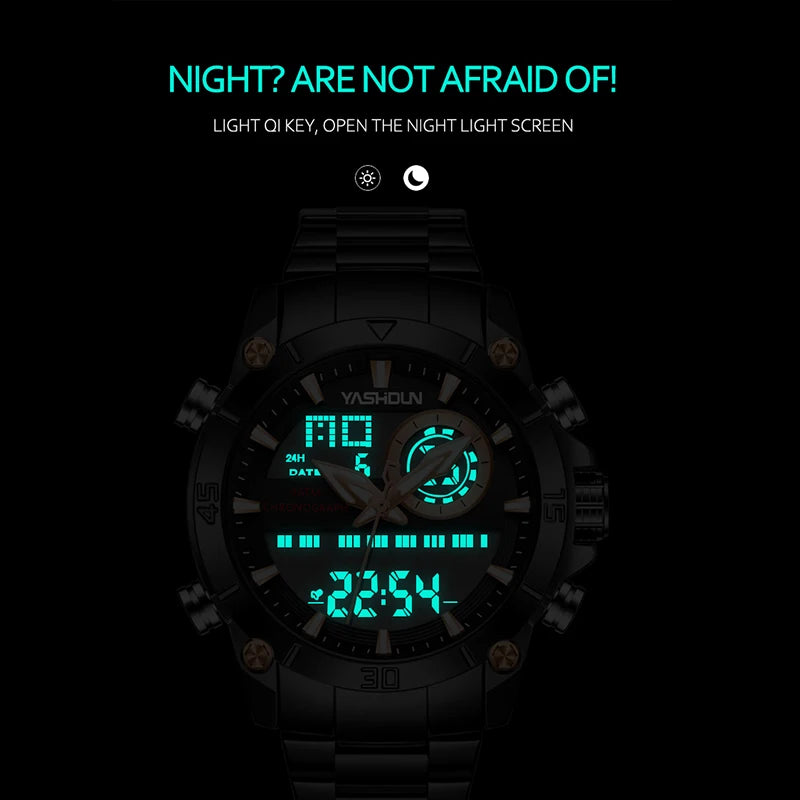 Multi-functional sports men's watch with dual movement electronic steel band luminous waterproof quartz wristwatch