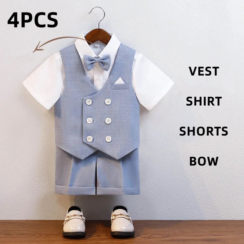 JUCPKID Kids Boys Summer Vest Shorts Suit Formal Elegant Children Boys Wedding Suit Junior Boys Blue Gray Short-sleeved Vest Set