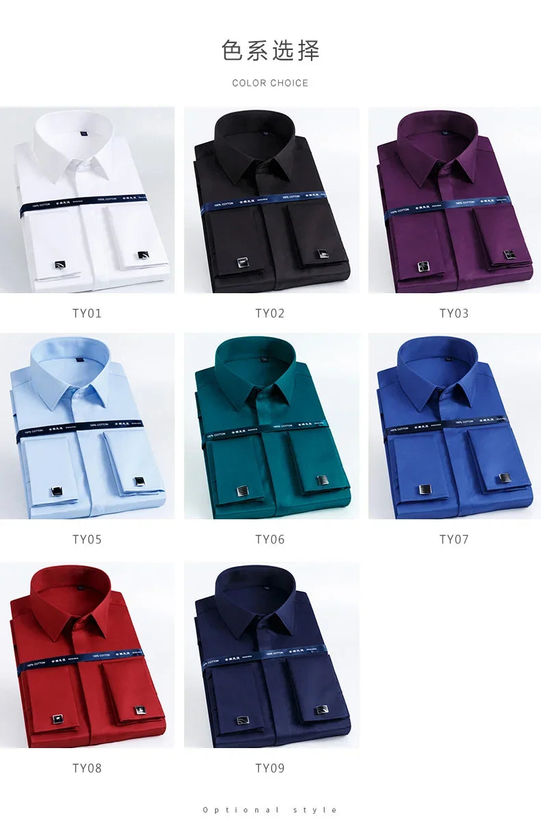 2026 Iron Free French Cufflink Long Sleeves Slim Fit 100% Cotton  Men's Concealed Buttons Solid Color High-end Wedding Dress