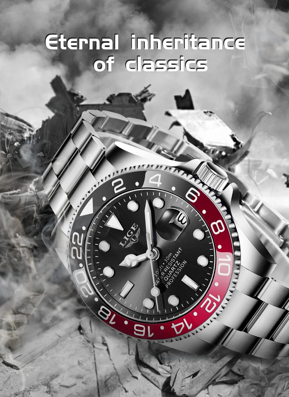 LIGE Top Brand Fashion Mens Watch Business Luxury Quartz Wristwatches Luminous Waterproof Steel Sports Watches Mens Gifts Reloj