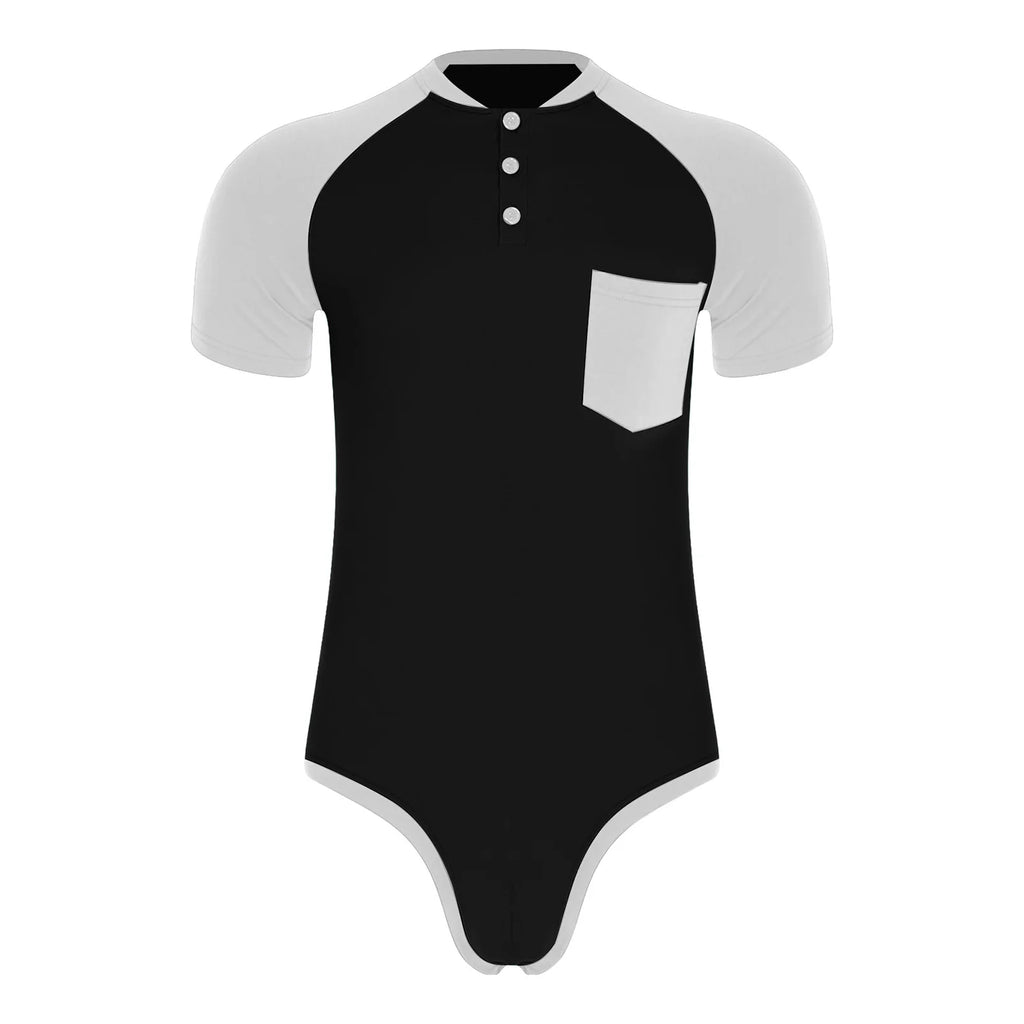 Men Workout Fitness Gym Sport Bodysuit Short Sleeve Openable Crotch Patchwork Jumpsuit for Workout Gym Sports Swimming Outfits