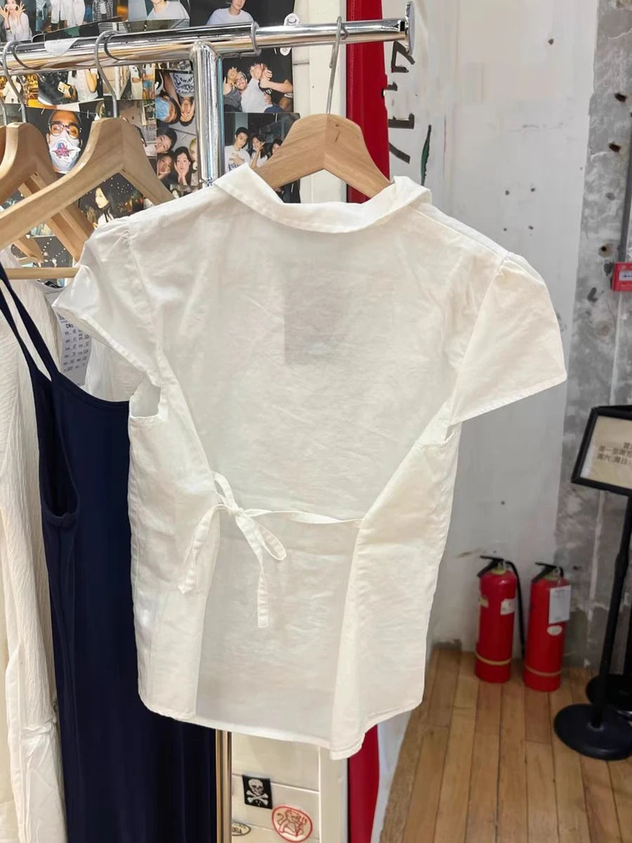 Back Lace-up White Blouse Women Peter Pan Collar Slim Short Sleeve Blouses Summer Casual Simple Sweet Chic Y2k Top Shirts Femme