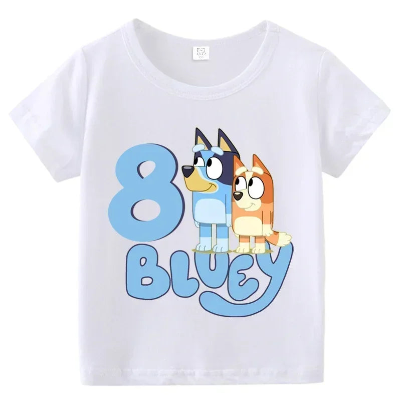 Blueys Baby Birthday T Shirt for Boys Girl Bingo Number Kids Clothes Summer Cartoon Letter Tees Shirts Toddler Short Sleeve Tops